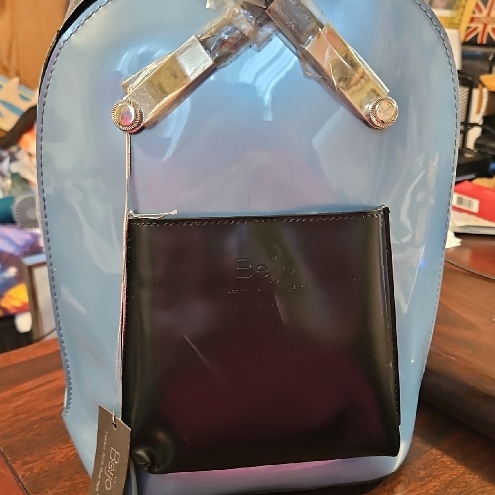 Beijo Iridescent Blue Mini Backpack with Black Front Pocket